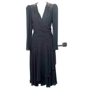 Casadei VTG 80s Chiffon Beaded V Neck Wrap 1982‎ Dress S Retro Victorian